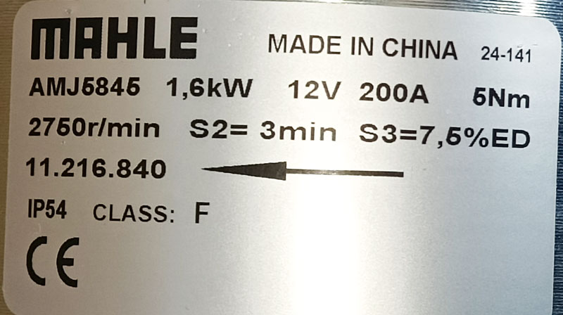 LETRIKA IM0119 / MAHLE AMJ5845 Motor Label, Part Number 11.216.840